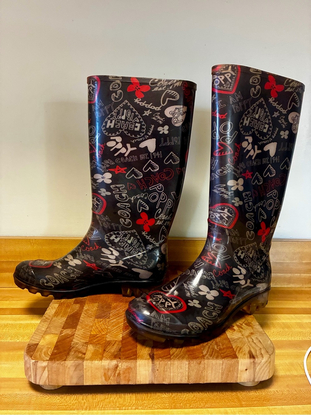 Coach Black Rain Boots with Red and Cream Logo Hearts